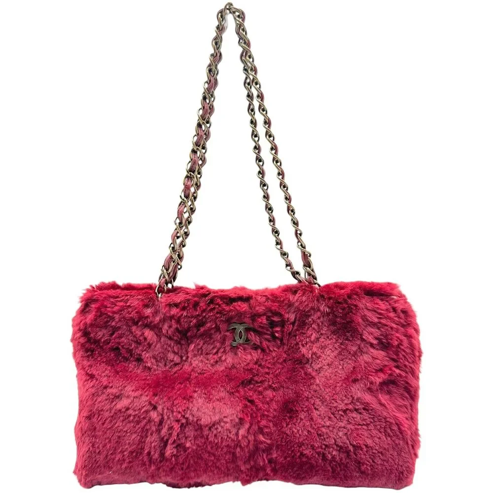 Chanel Burgundy Rabbit Fur Shoulder Tote Bag 2000-03